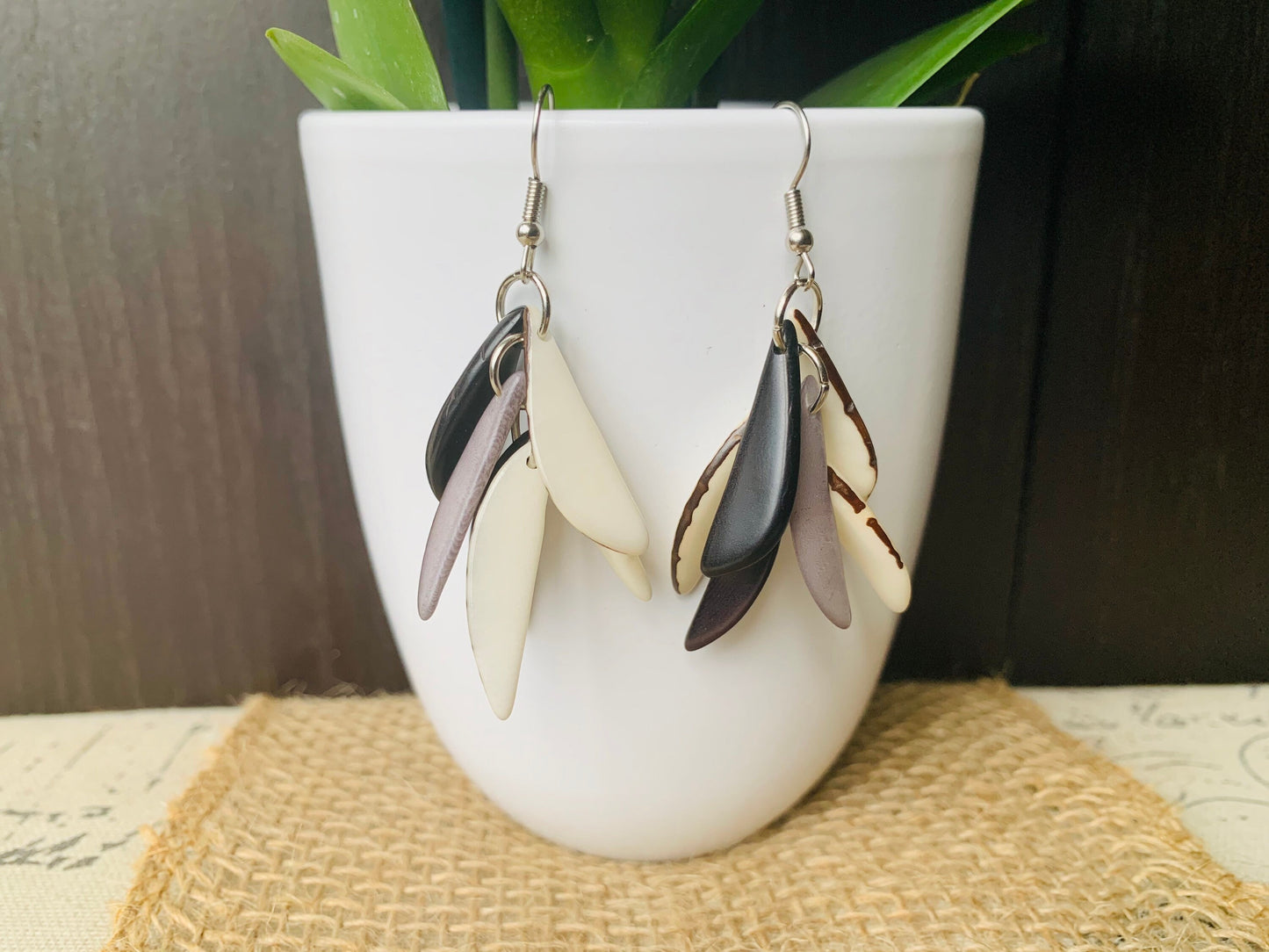 Black white and gray fashion earrings Extra chunky tagua earrings beaded Fall fashion trends Wearable art Dangle and drop earrings