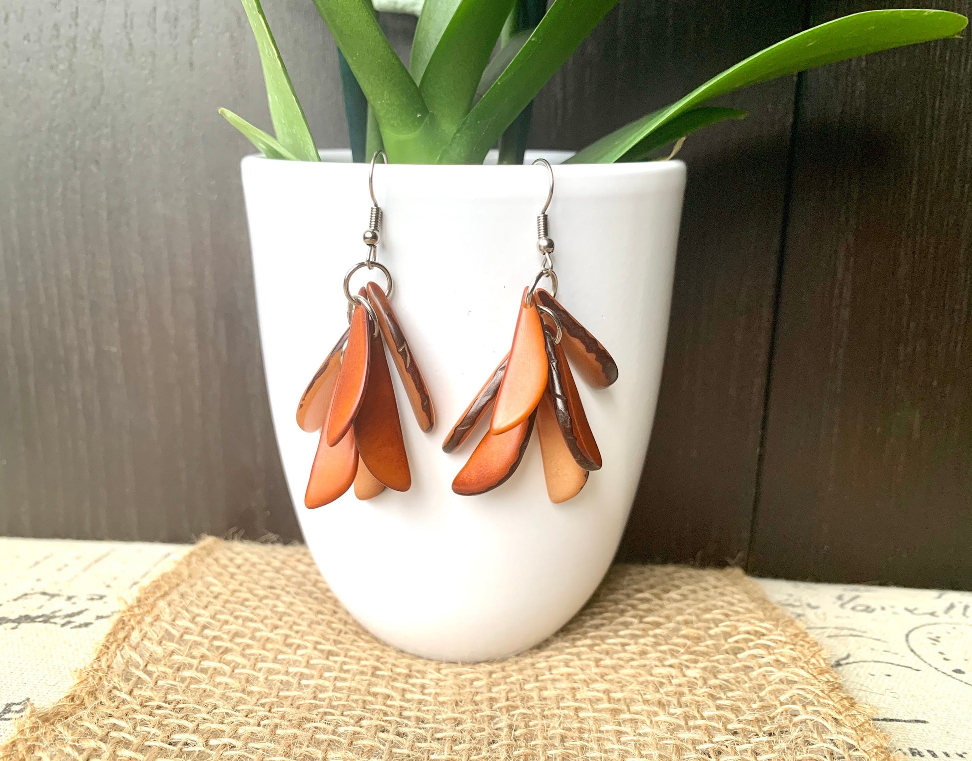 Brown statement dangle earrings Extra chunky tagua earrings Fall fashion jewelry Casual trendy drops Boho mod style Wearable art