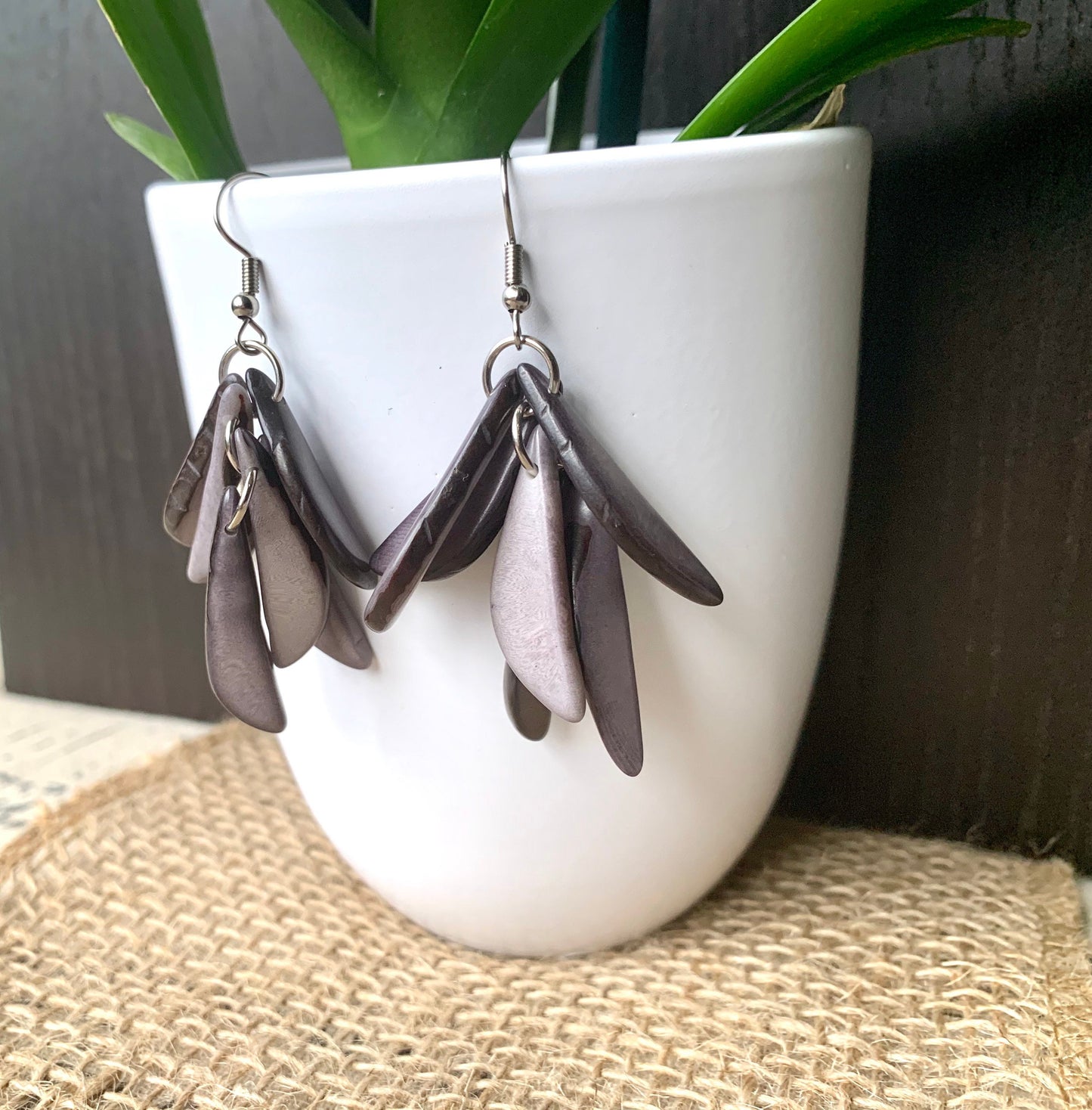 Gray bold dangle earrings Extra chunky tagua earrings Casual trendy drops Mother’s Day gifts Hupoallergenic lightweight earrings Beach trend