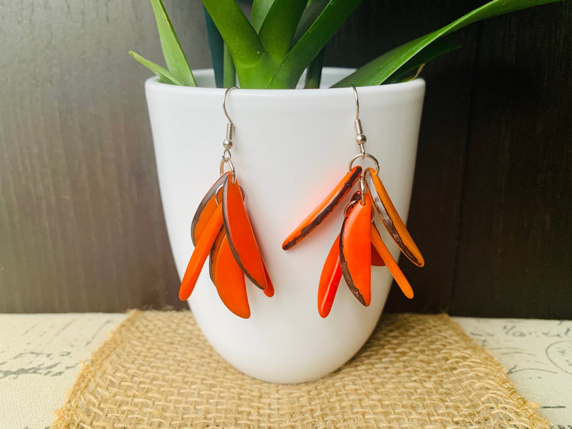 Orange extra chunky earrings Statement fashion tagua earrings Wearable art Casual dangle drops Boho mod style Artisan handmade Artsy gifts