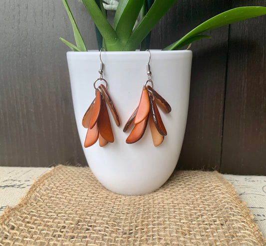 Brown statement dangle earrings Extra chunky tagua earrings Fall fashion jewelry Casual trendy drops Boho mod style Wearable art