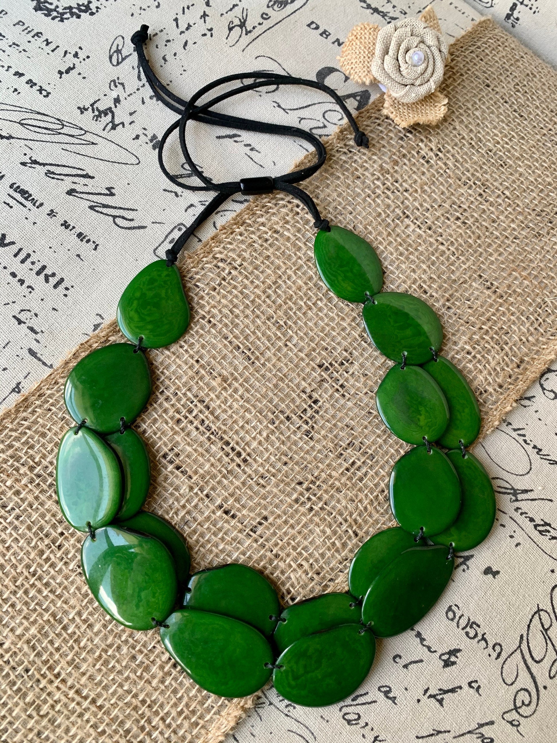 Green statement necklace Tagua nut jewelry Big bold necklaces Adjustable cord Wearable art Multi layer necklace Handmade Fall fashion