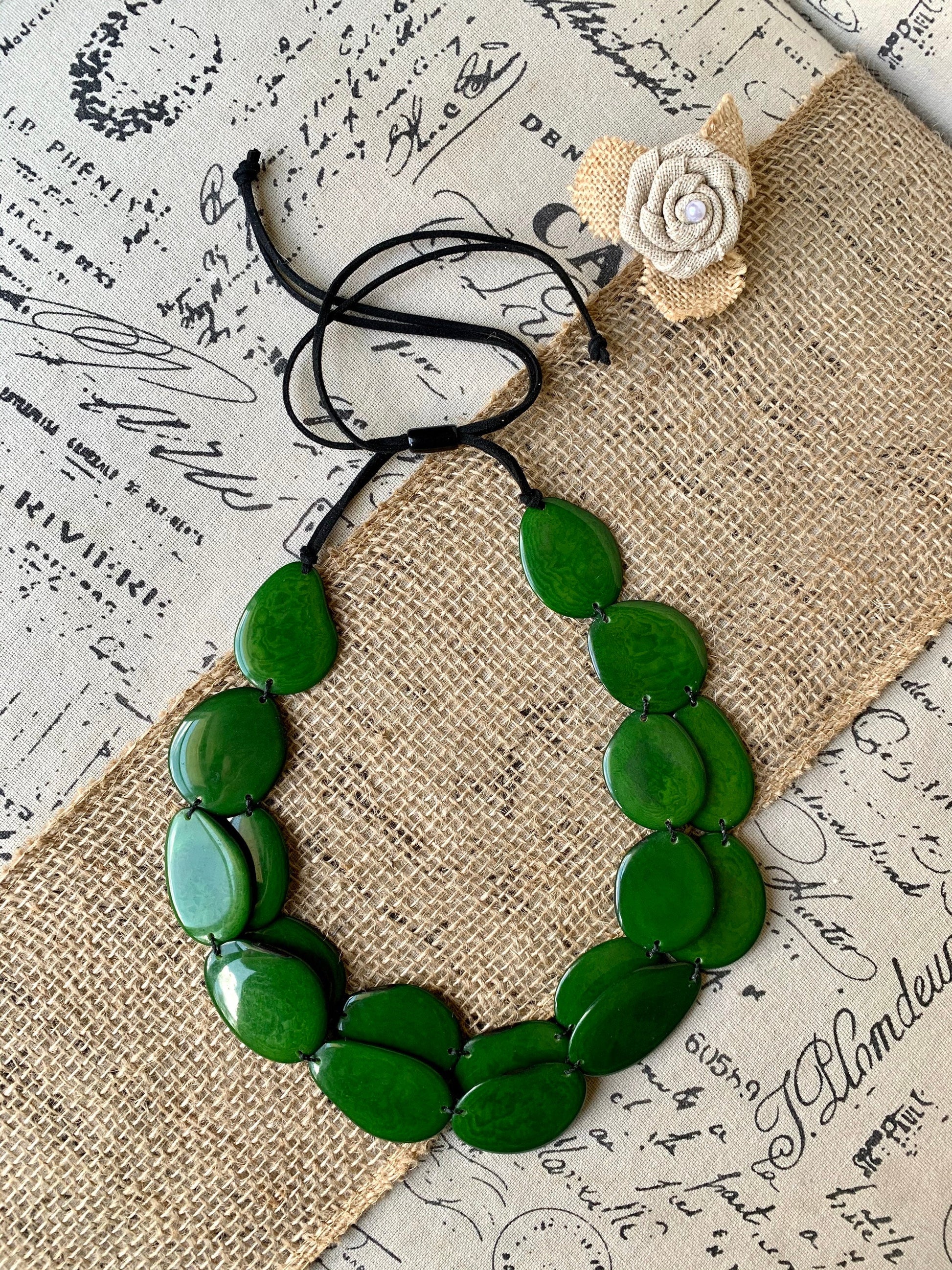 Green statement necklace Tagua nut jewelry Big bold necklaces Adjustable cord Wearable art Multi layer necklace Handmade Fall fashion