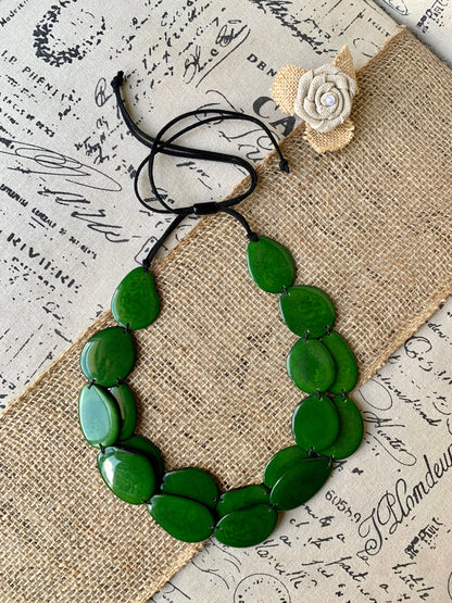 Green statement necklace Tagua nut jewelry Big bold necklaces Adjustable cord Wearable art Multi layer necklace Handmade Fall fashion