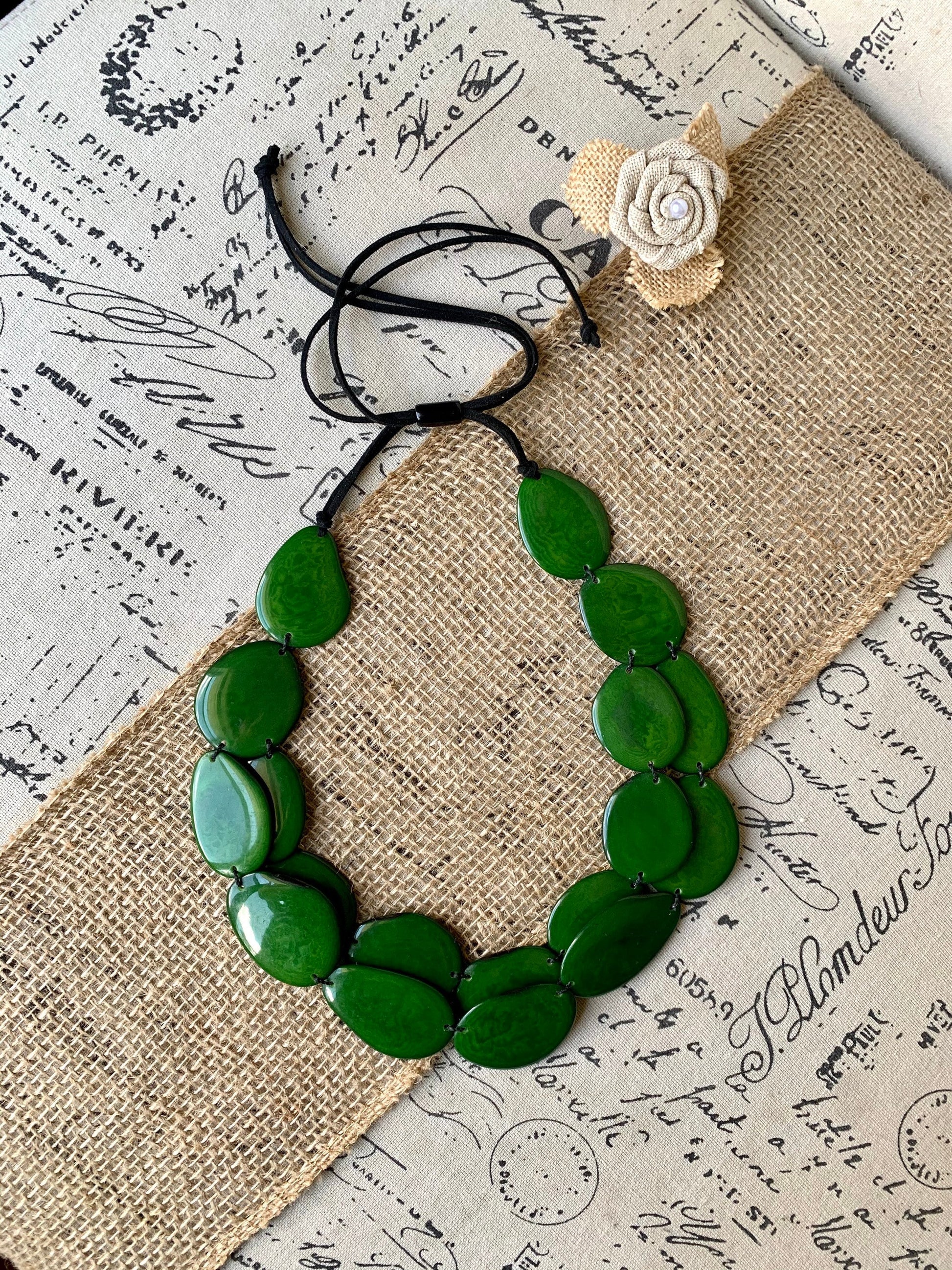 Green statement necklace Tagua nut jewelry Big bold necklaces Adjustable cord Wearable art Multi layer necklace Handmade Fall fashion
