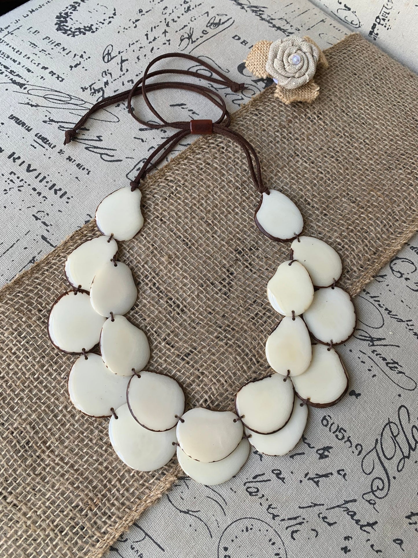 White statement necklace Tagua jewelry Double layer bib 14 year wedding anniversary gift for wife Fall fashion 2025 Wearable art