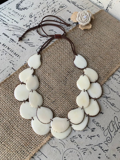 White statement necklace Tagua jewelry Double layer bib 14 year wedding anniversary gift for wife Fall fashion 2025 Wearable art