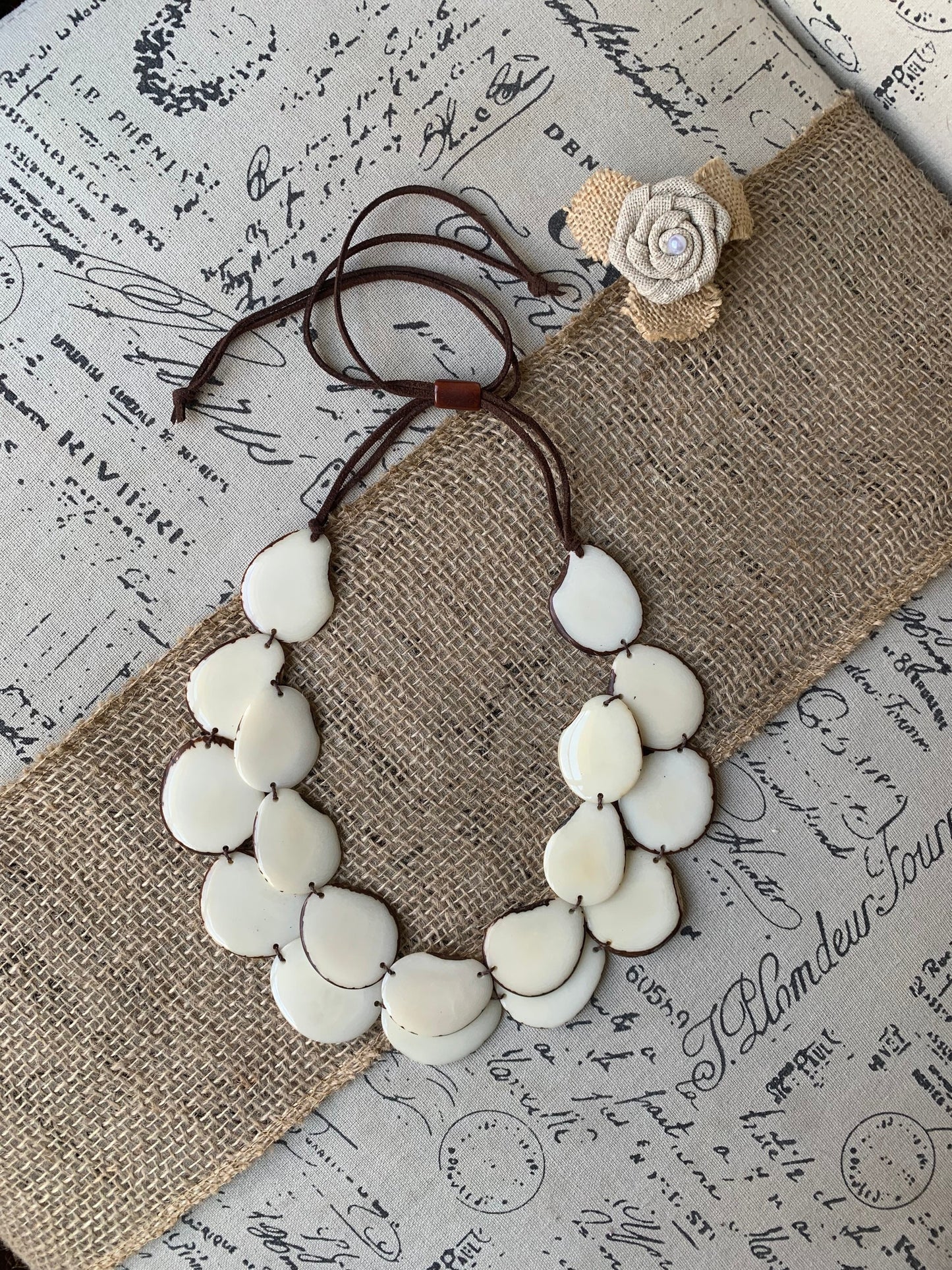 White statement necklace Tagua jewelry Double layer bib 14 year wedding anniversary gift for wife Fall fashion 2025 Wearable art