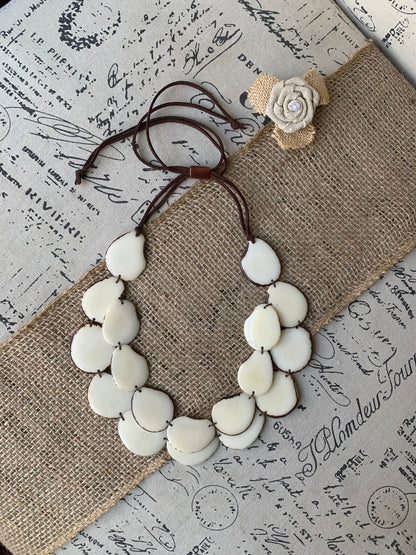 White statement necklace Tagua jewelry Double layer bib 14 year wedding anniversary gift for wife Fall fashion 2025 Wearable art