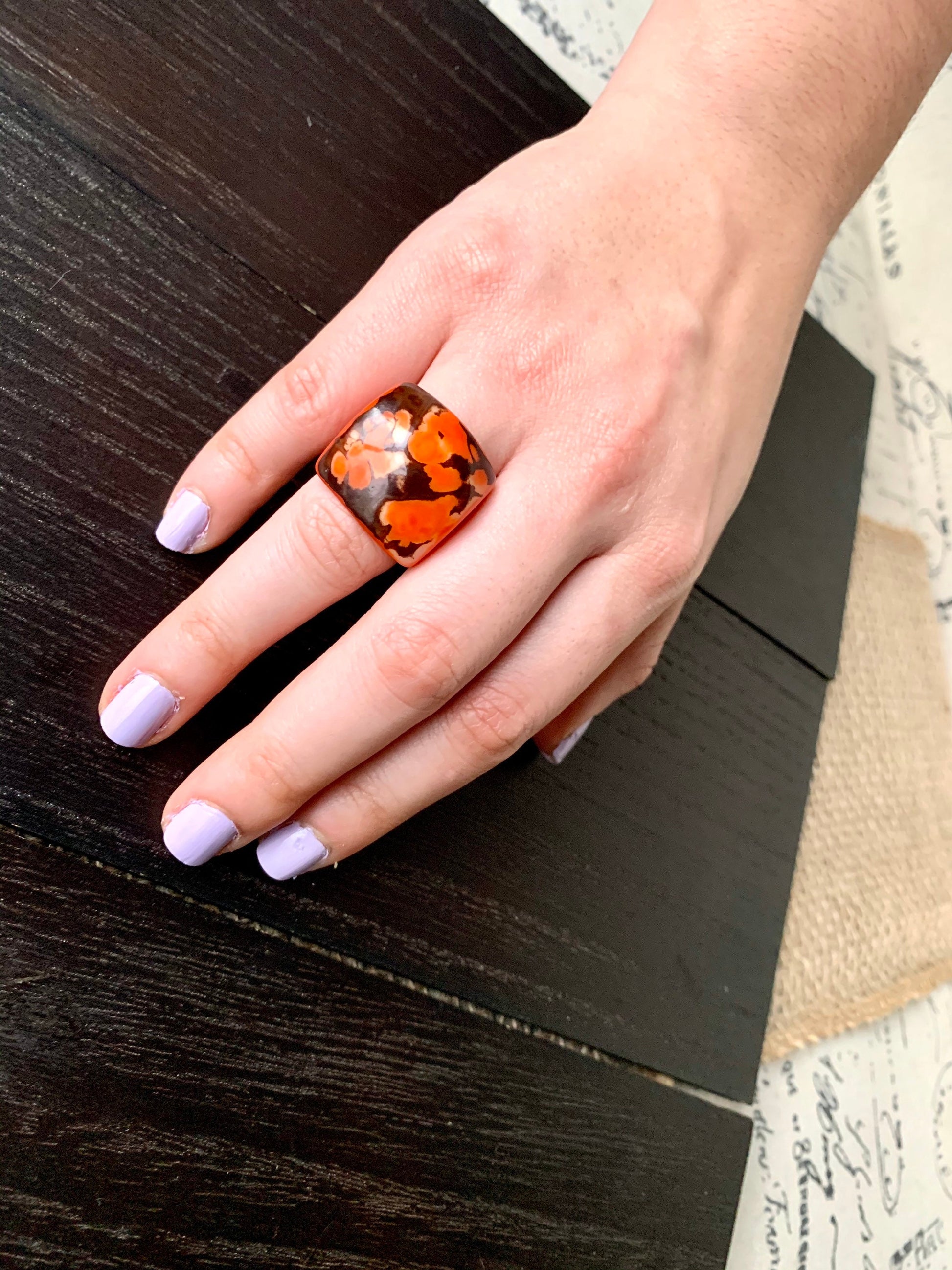 Orange statement Tagua ring Unusual jewelry Cocktail ring Beach fashion Big bold chunky Oversized huge ring Handcrafted in Colombia Organic