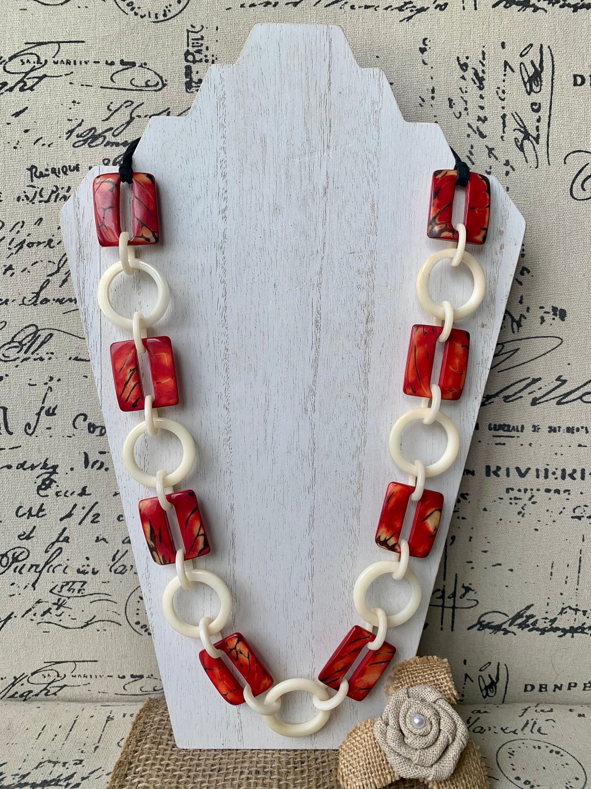 Red and ivory white fashion Tagua necklace Extra long adjustable beaded necklace 1Statement geometric jewelry Wearable art Fall fashion