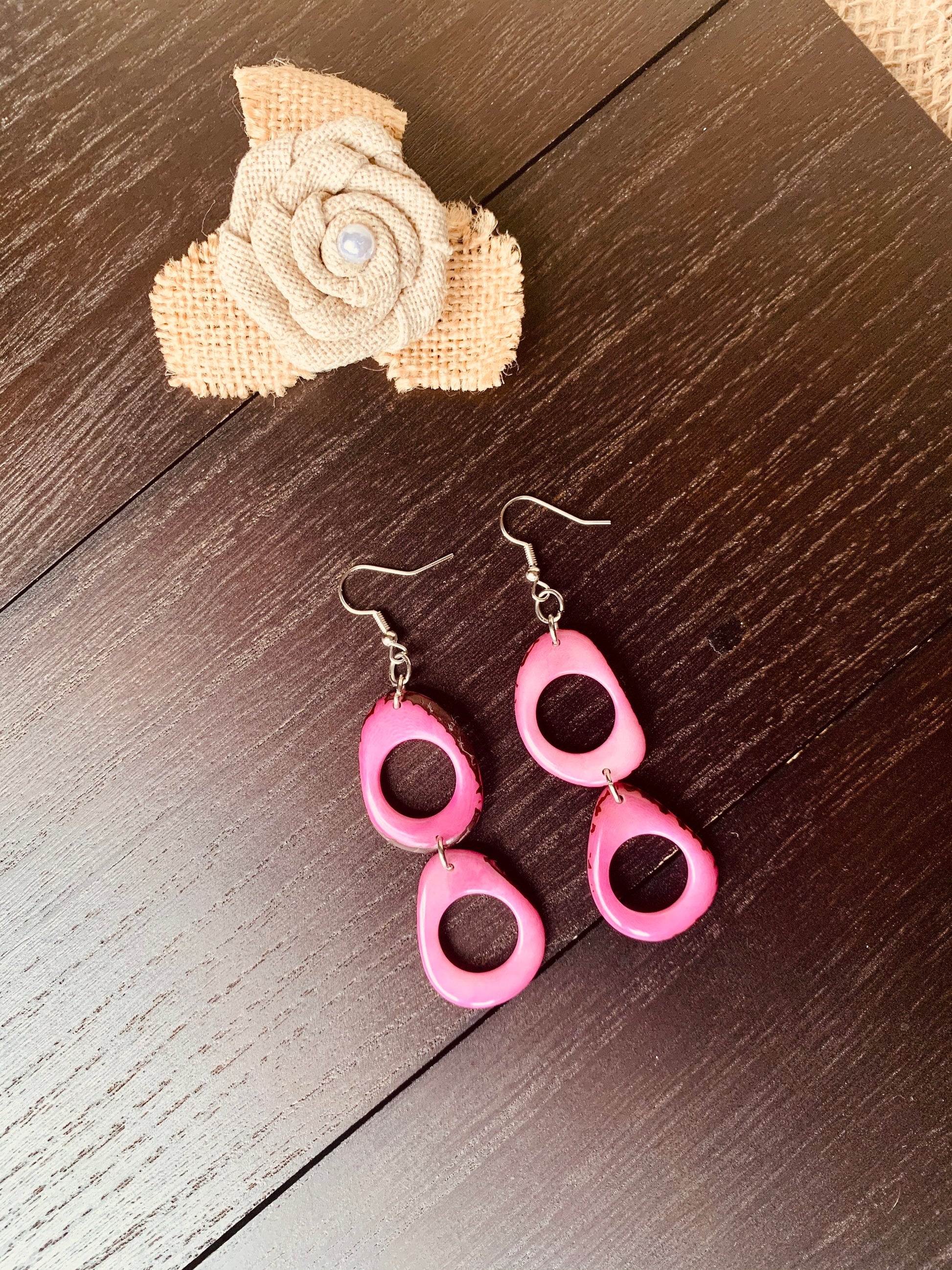 Pink extra long dangle earrings Tagua jewelry Statement drops Boho mod hoops Fall trends Fashion jewelry Trendy earrings Art to wear