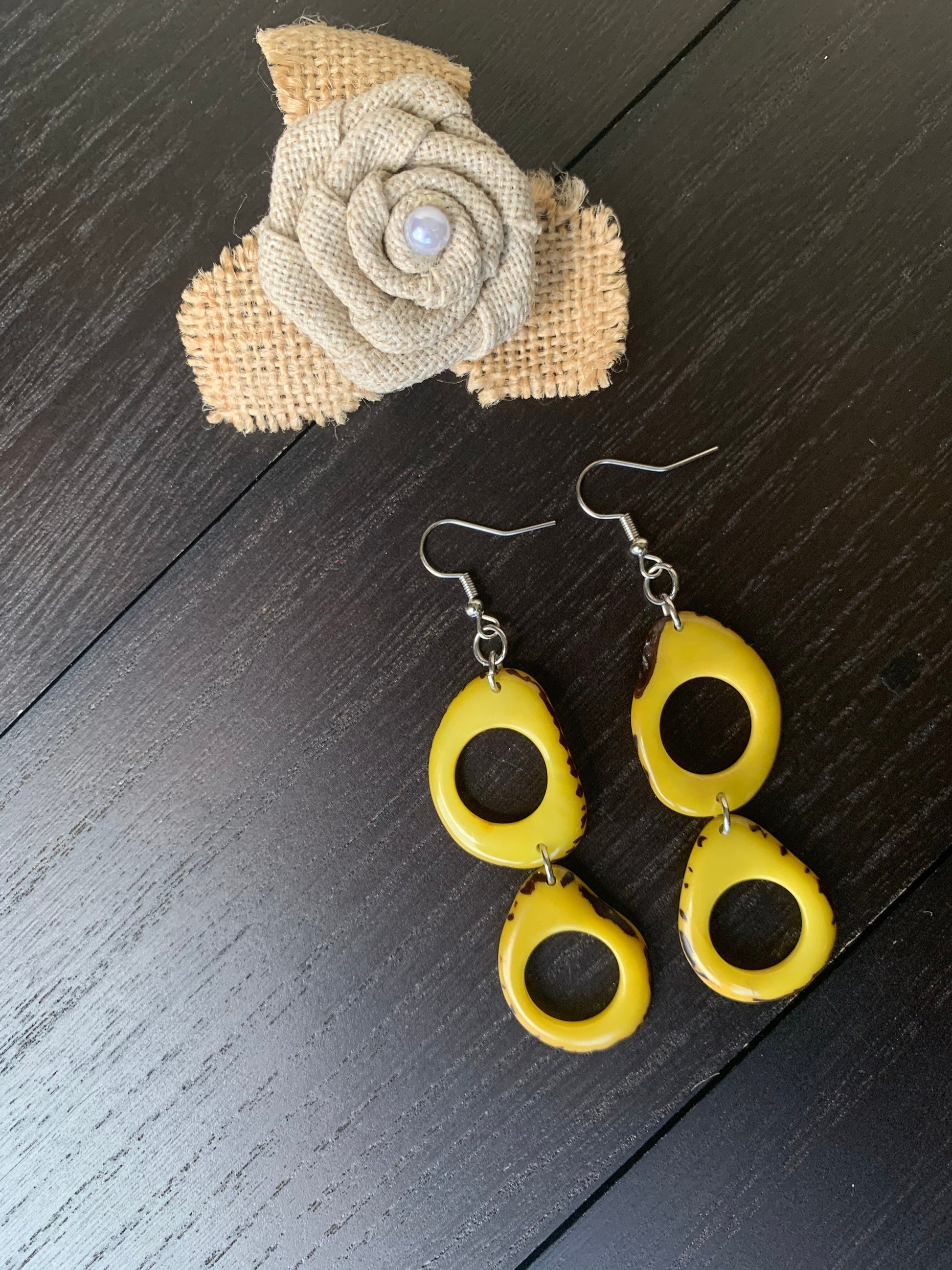 Yellow Tagua Nut Earrings, Boho Dangle Statement Jewelry, Hypoallergenic and lightweight