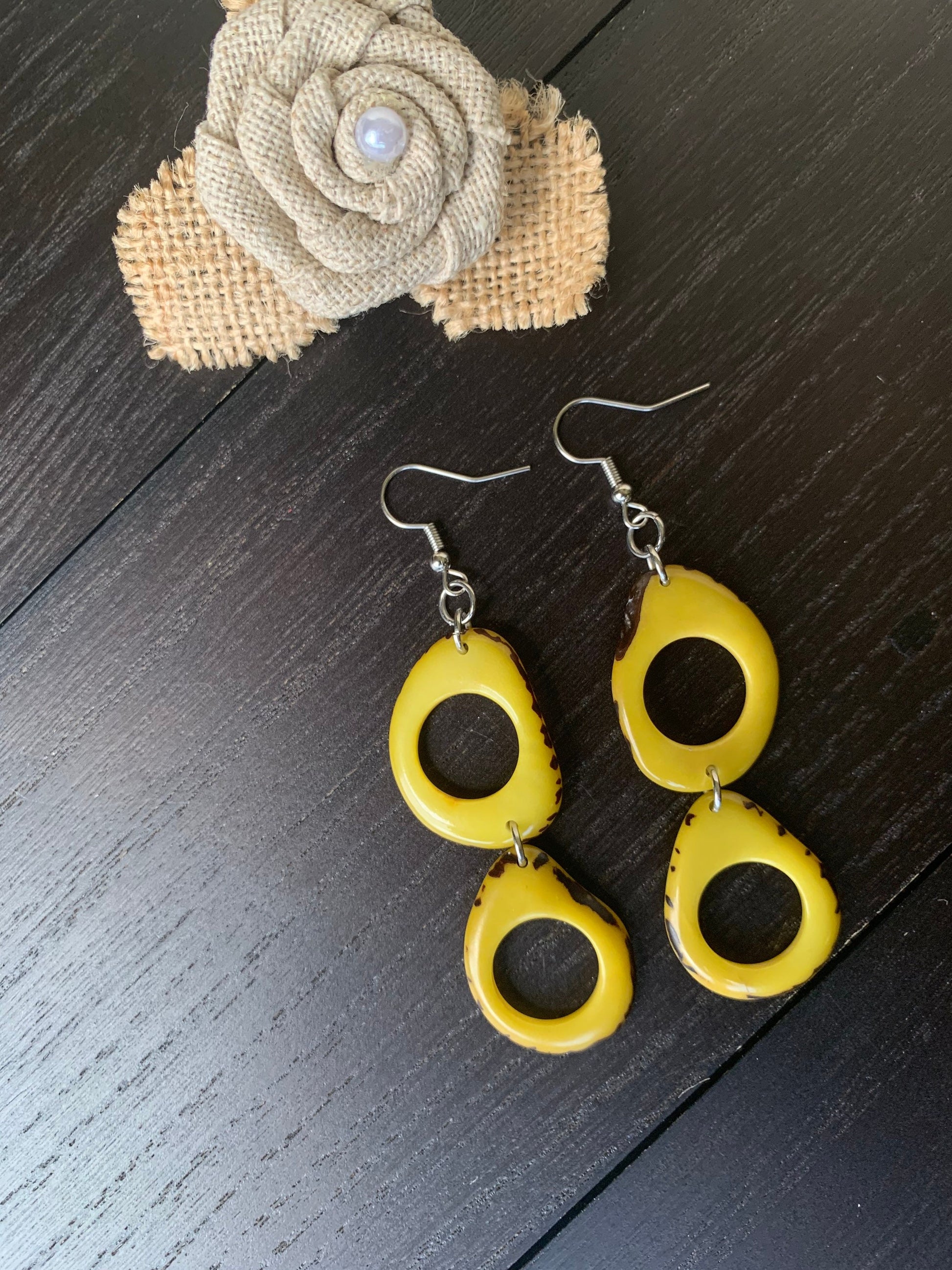 Yellow Tagua Nut Earrings, Boho Dangle Statement Jewelry, Hypoallergenic and lightweight
