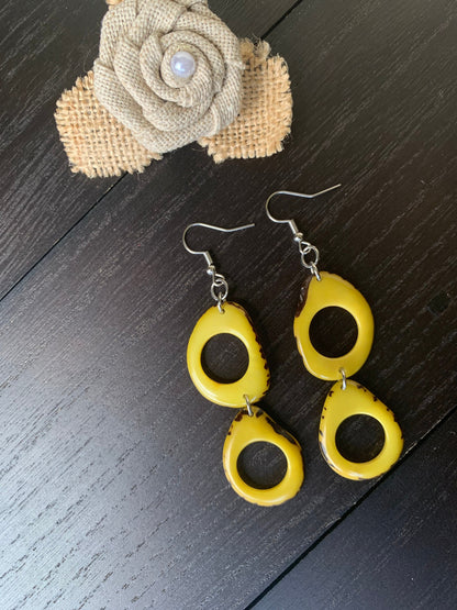 Yellow Tagua Nut Earrings, Boho Dangle Statement Jewelry, Hypoallergenic and lightweight