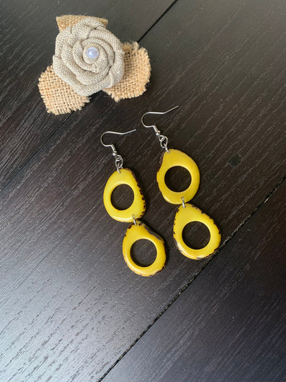 Yellow Tagua Nut Earrings, Boho Dangle Statement Jewelry, Hypoallergenic and lightweight