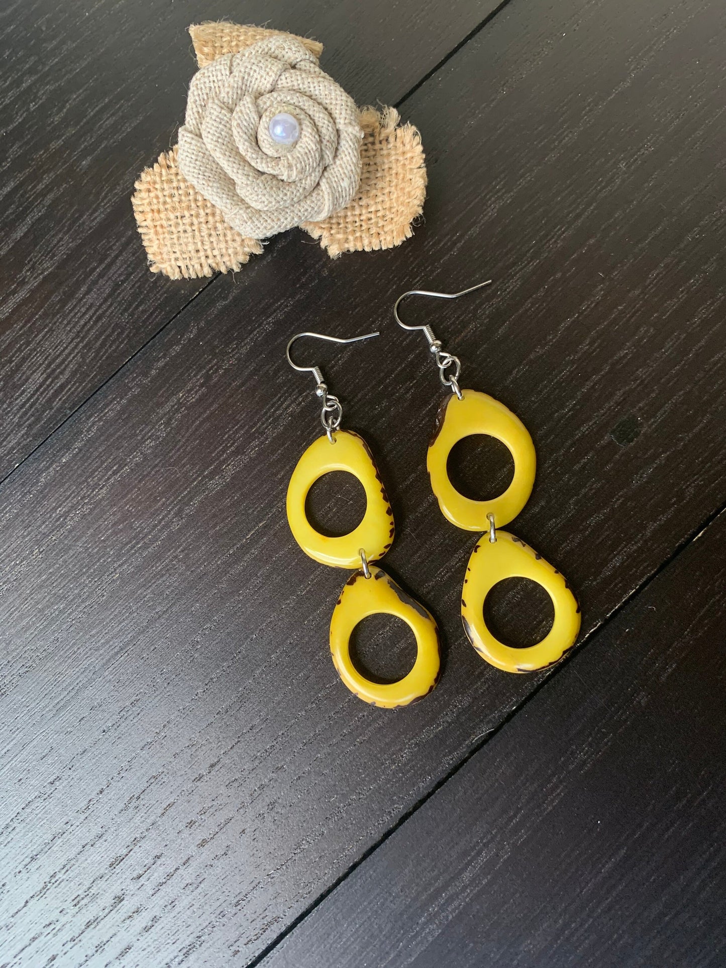 Yellow Tagua Nut Earrings, Boho Dangle Statement Jewelry, Hypoallergenic and lightweight