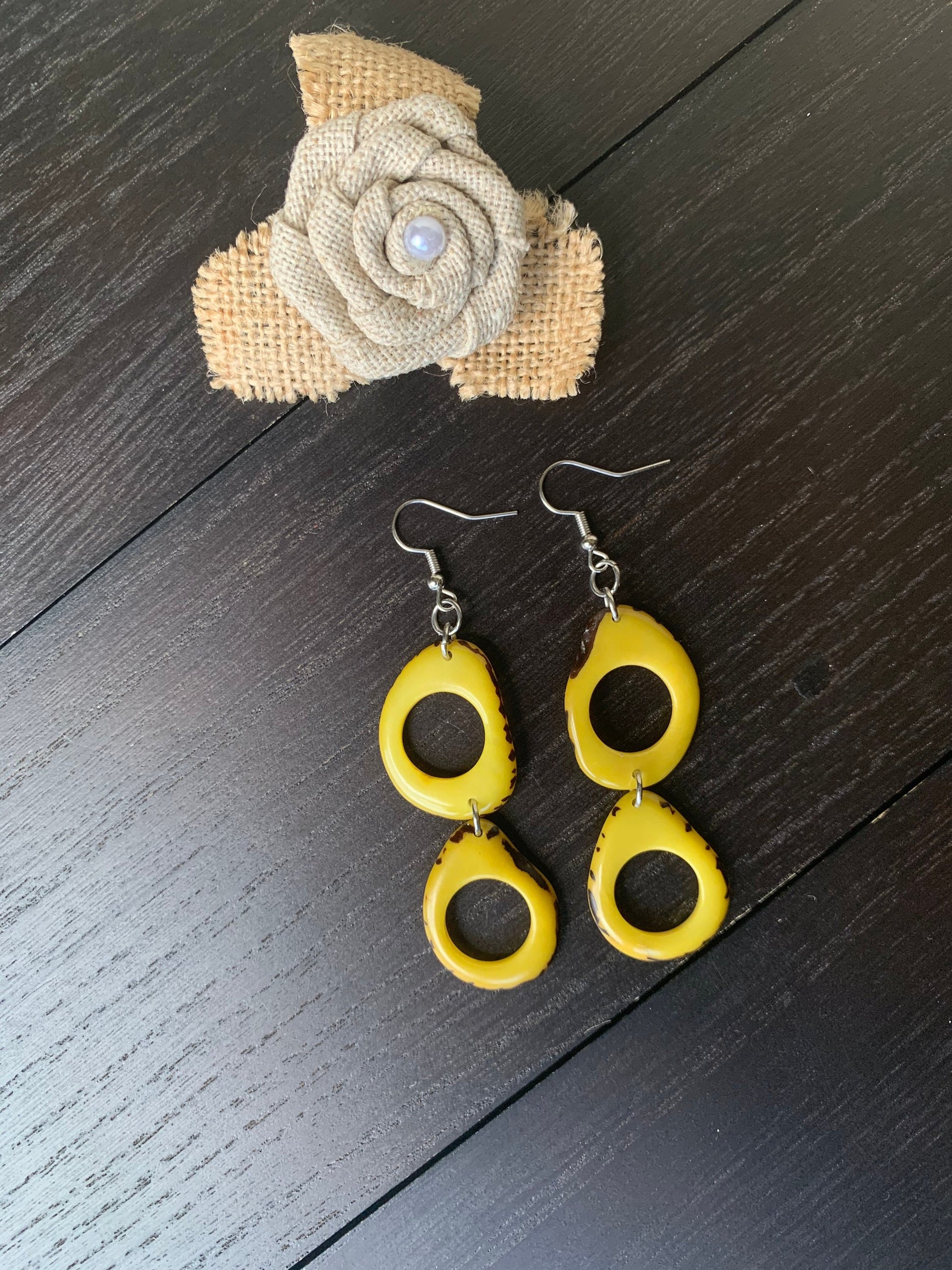 Yellow Tagua Nut Earrings, Boho Dangle Statement Jewelry, Hypoallergenic and lightweight