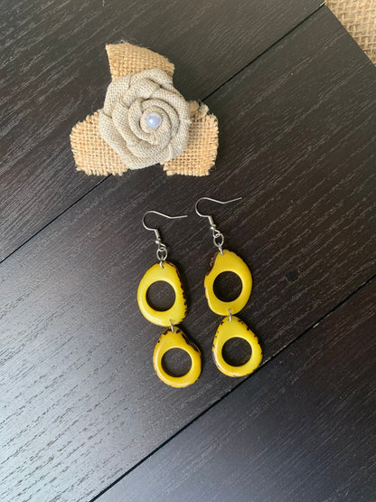 Yellow Tagua Nut Earrings, Boho Dangle Statement Jewelry, Hypoallergenic and lightweight