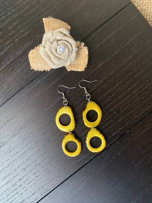 Yellow Tagua Nut Earrings, Boho Dangle Statement Jewelry, Hypoallergenic and lightweight