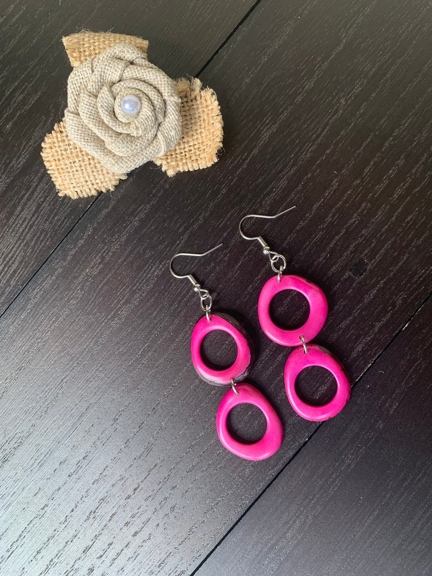 Hot pink extra long dangle fashion earrings Tagua nut jewelry Statement drops Boho mod hoops Anniversary gifts for wife Handmade beaded