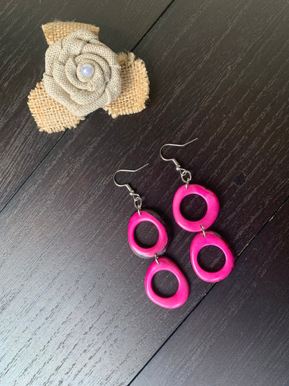 Hot pink extra long dangle fashion earrings Tagua nut jewelry Statement drops Boho mod hoops Anniversary gifts for wife Handmade beaded