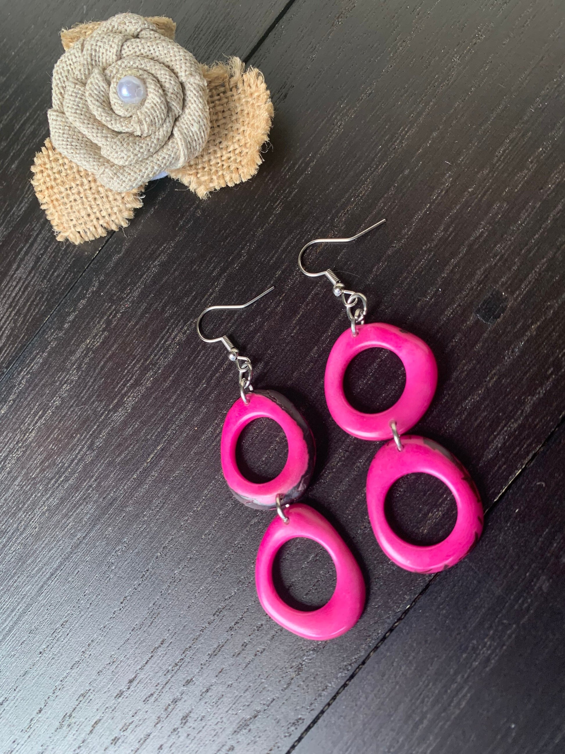 Hot pink extra long dangle fashion earrings Tagua nut jewelry Statement drops Boho mod hoops Anniversary gifts for wife Handmade beaded
