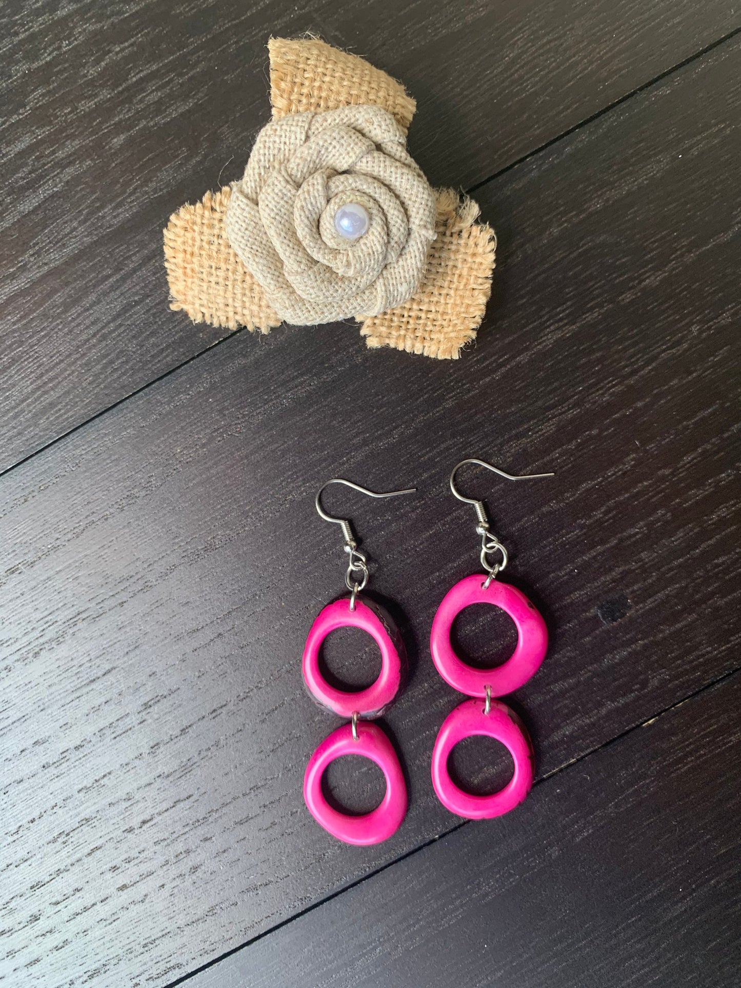 Hot pink extra long dangle fashion earrings Tagua nut jewelry Statement drops Boho mod hoops Anniversary gifts for wife Handmade beaded