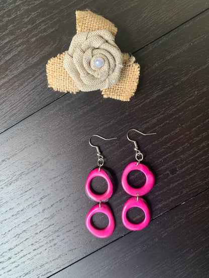 Hot pink extra long dangle fashion earrings Tagua nut jewelry Statement drops Boho mod hoops Anniversary gifts for wife Handmade beaded