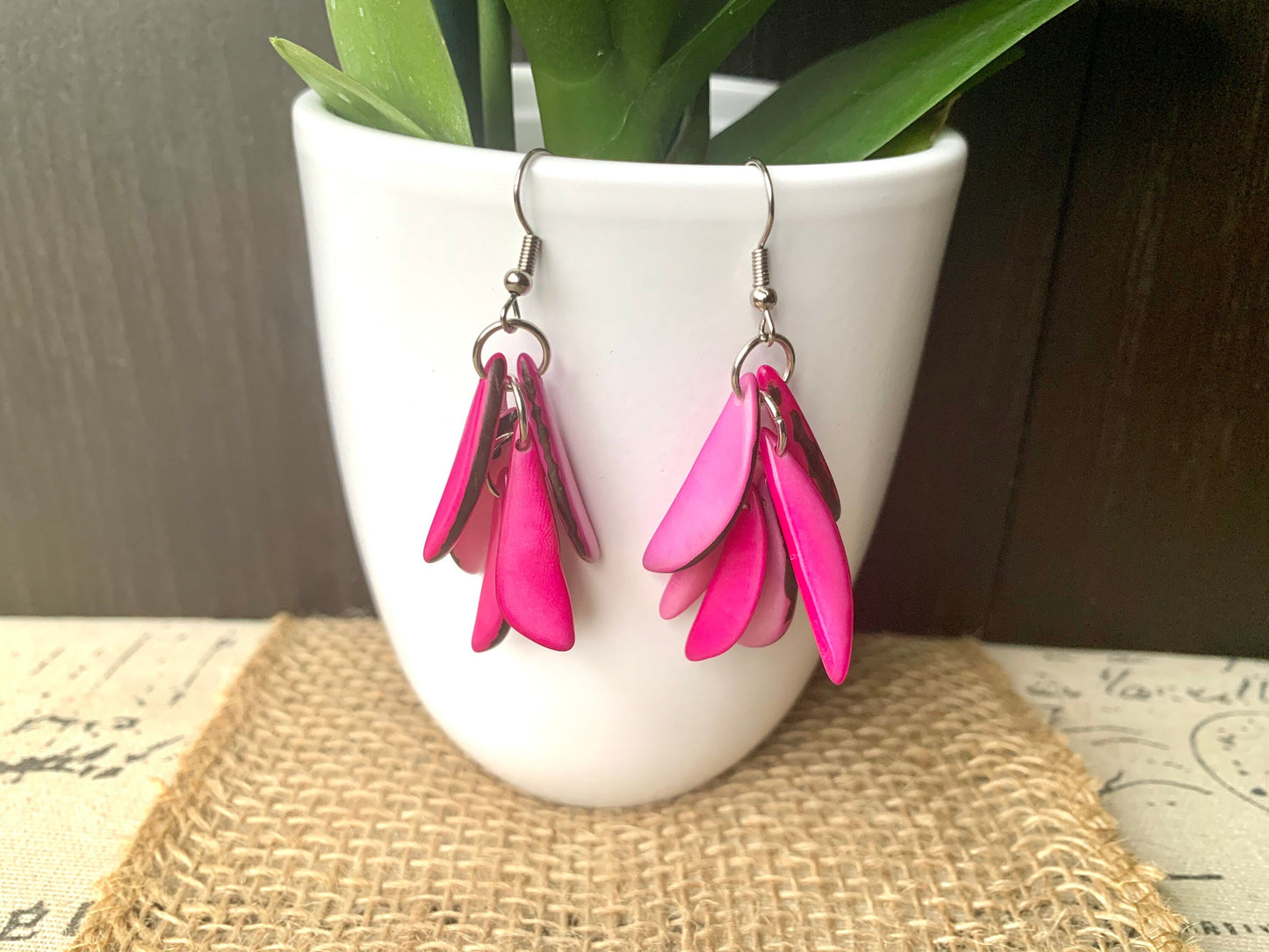 Pink statement dangle earrings Extra chunky tagua earrings beaded Fall fashion jewelry Casual trendy drops Boho mod style Artisan handmade