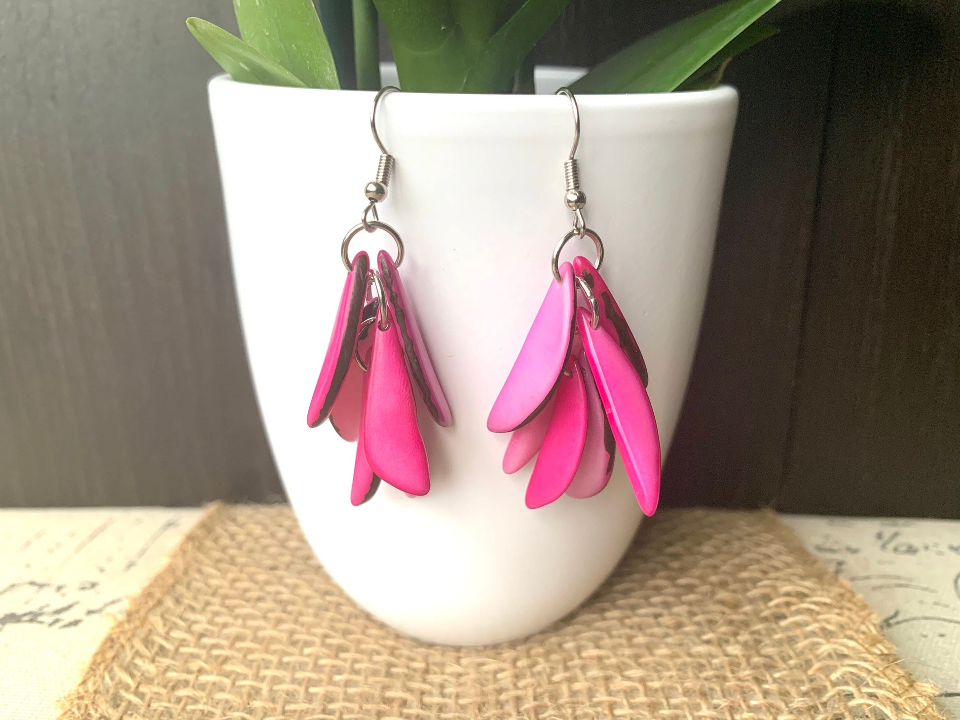 Pink statement dangle earrings Extra chunky tagua earrings beaded Fall fashion jewelry Casual trendy drops Boho mod style Artisan handmade