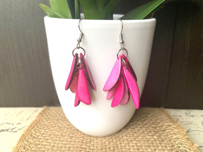 Pink statement dangle earrings Extra chunky tagua earrings beaded Fall fashion jewelry Casual trendy drops Boho mod style Artisan handmade