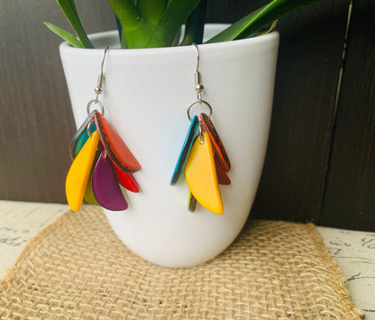 Rainbow Tagua Nut Dangle Earrings, Colorful Boho Fashion, Hypoallergenic Drop Earrings
