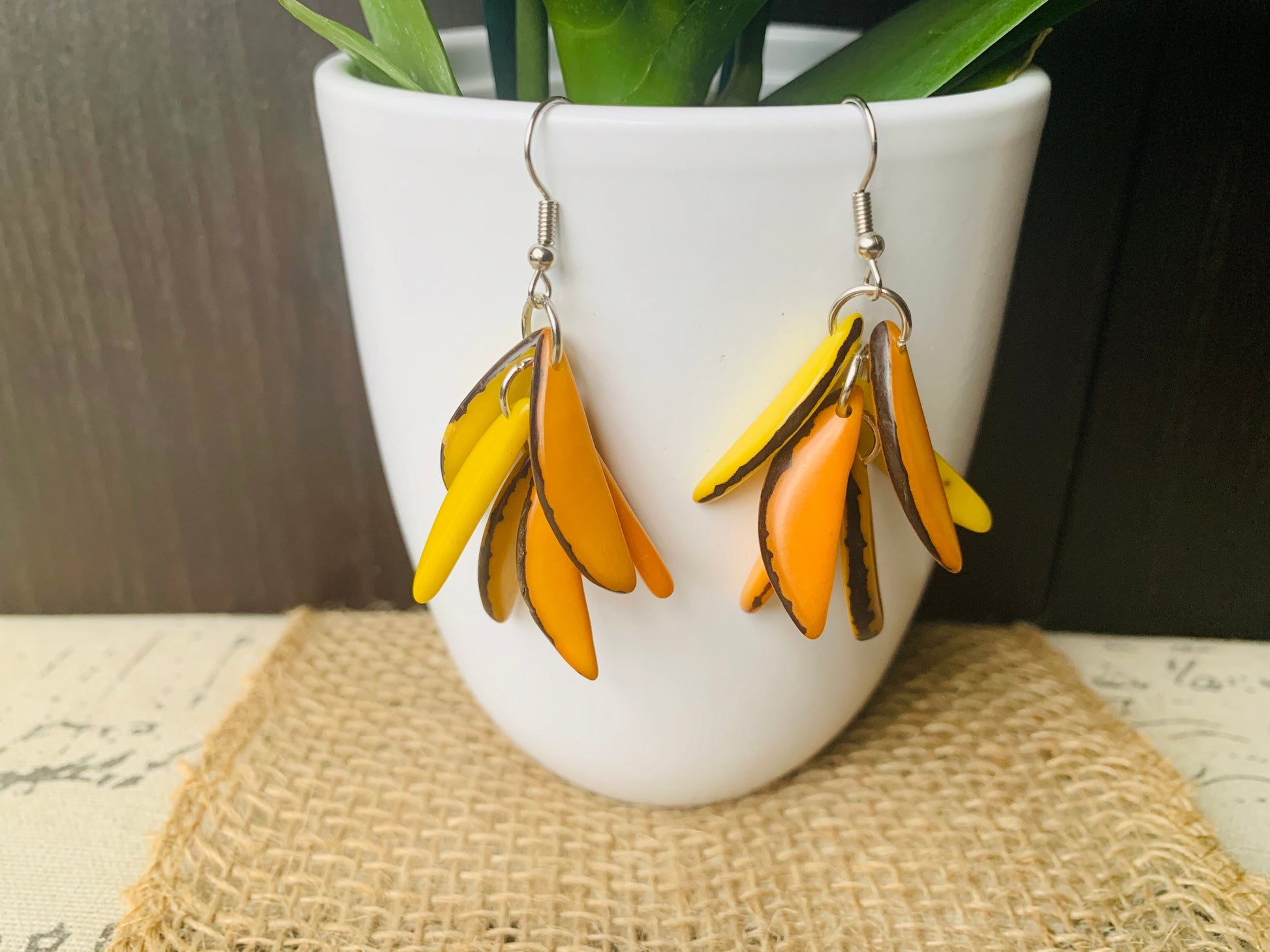 Yellow bold statement dangle earrings Extra chunky fashion tagua earrings Fall trendy jewelry Casual drops Boho mod style Artisan handmade