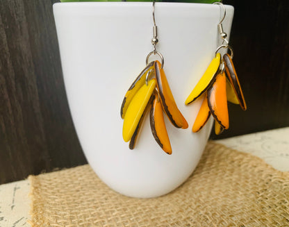 Yellow bold statement dangle earrings Extra chunky fashion tagua earrings Fall trendy jewelry Casual drops Boho mod style Artisan handmade