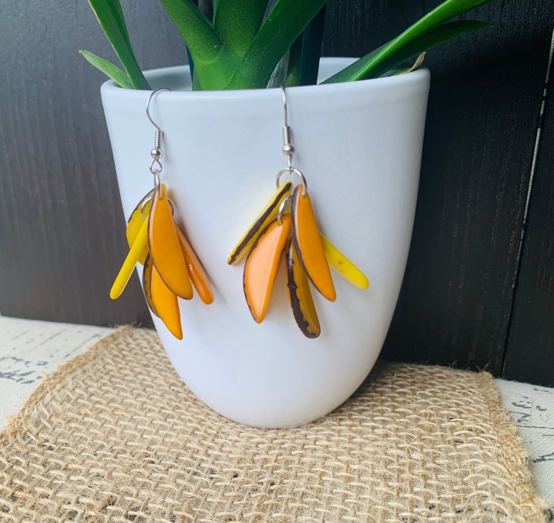 Yellow bold statement dangle earrings Extra chunky fashion tagua earrings Fall trendy jewelry Casual drops Boho mod style Artisan handmade
