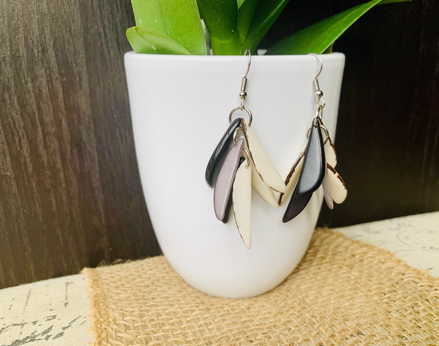 Black white and gray fashion earrings Extra chunky tagua earrings beaded Fall fashion trends Wearable art Dangle and drop earrings