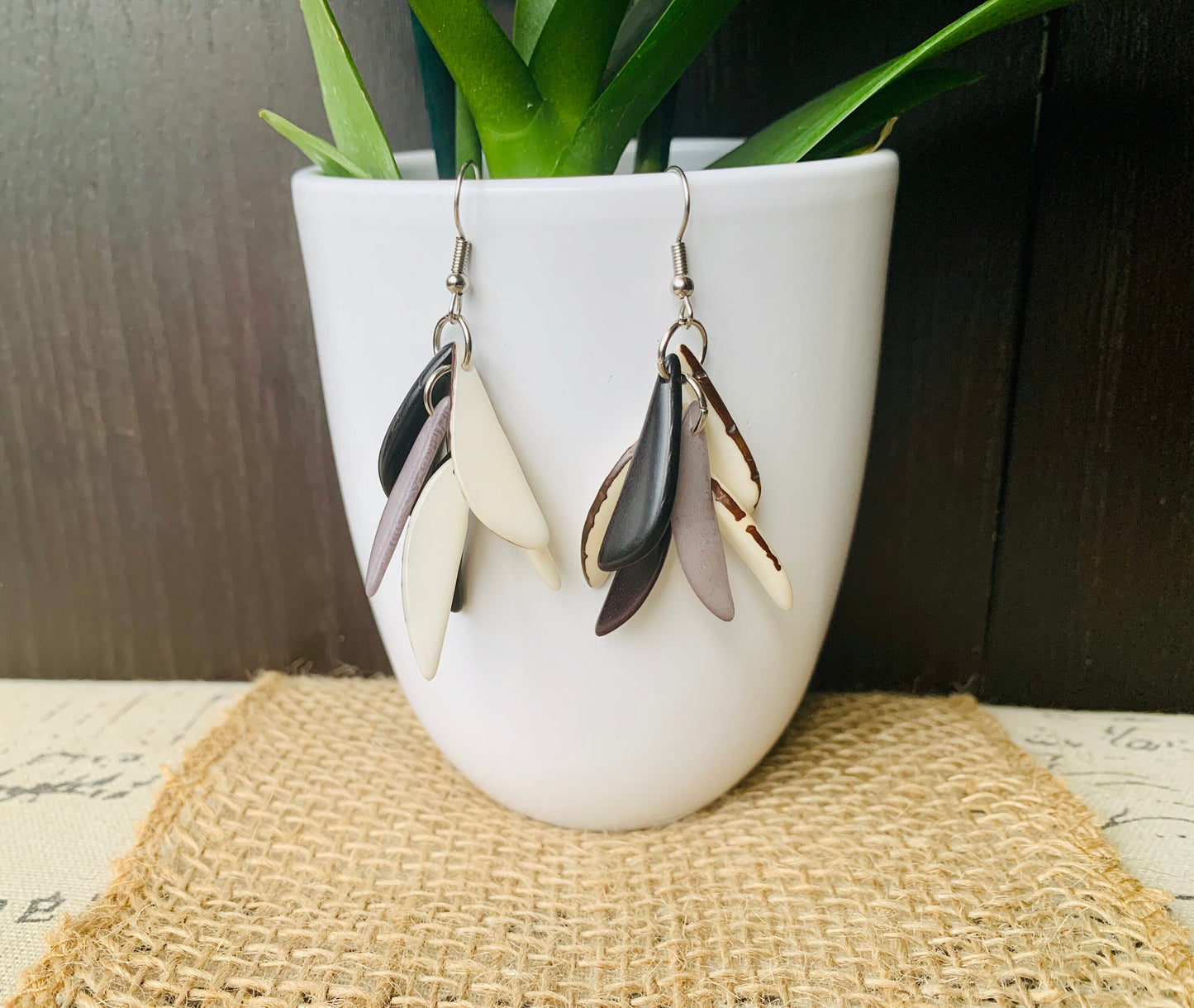 Black white and gray fashion earrings Extra chunky tagua earrings beaded Fall fashion trends Wearable art Dangle and drop earrings