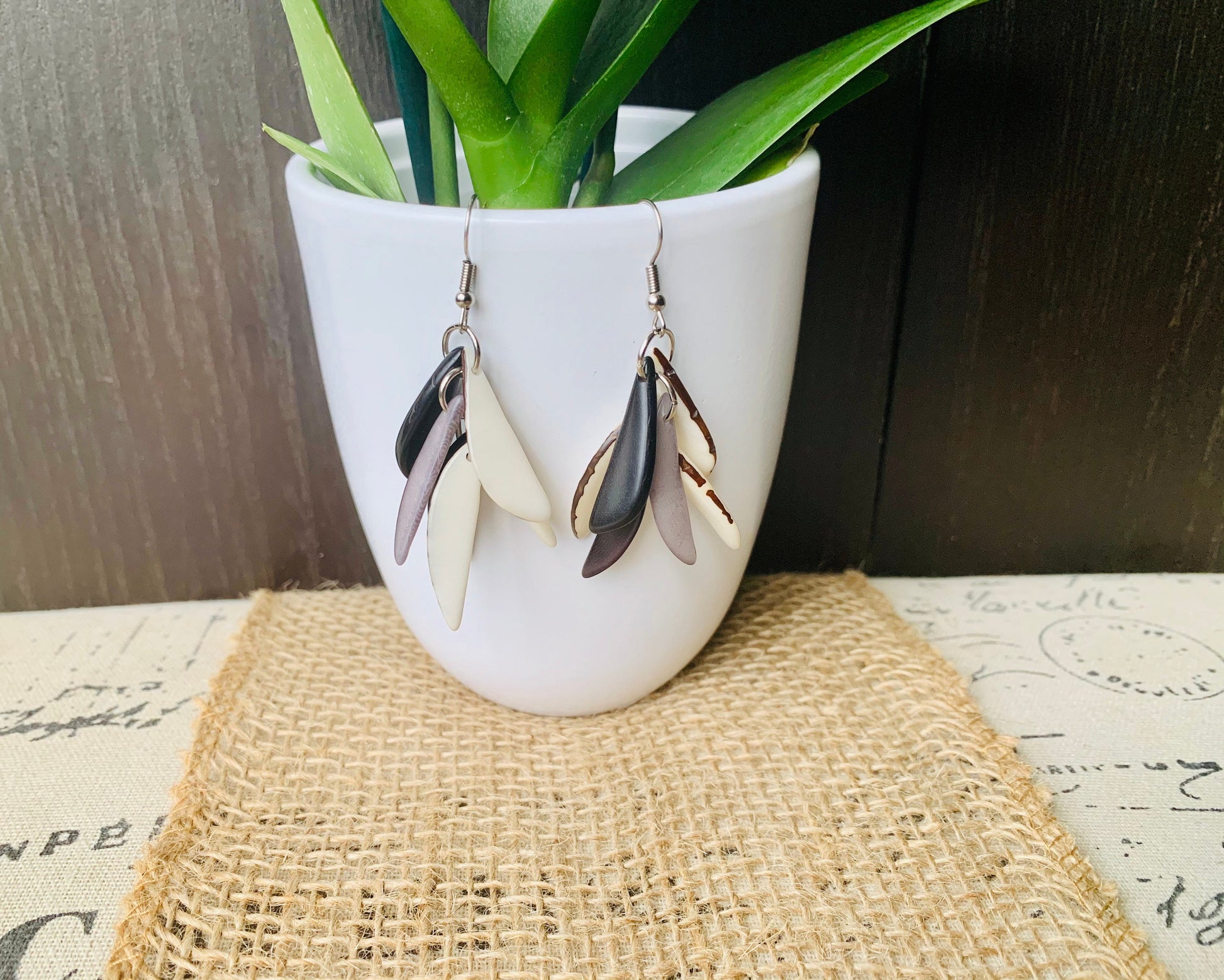 Black white and gray fashion earrings Extra chunky tagua earrings beaded Fall fashion trends Wearable art Dangle and drop earrings