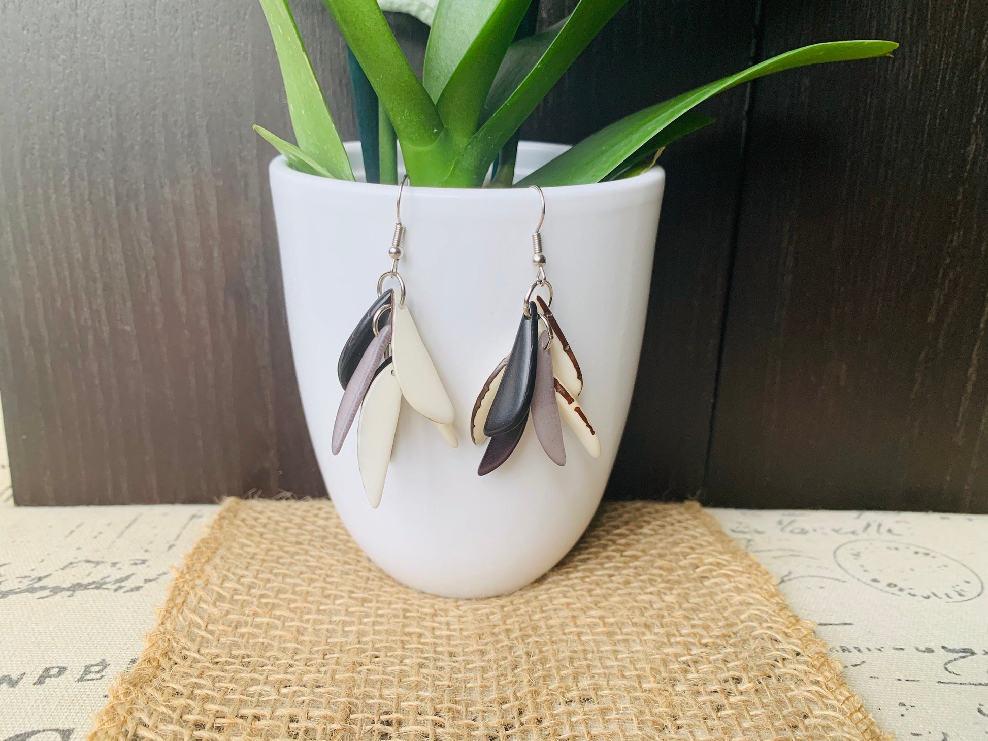 Black white and gray fashion earrings Extra chunky tagua earrings beaded Fall fashion trends Wearable art Dangle and drop earrings