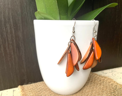 Brown statement dangle earrings Extra chunky tagua earrings Fall fashion jewelry Casual trendy drops Boho mod style Wearable art