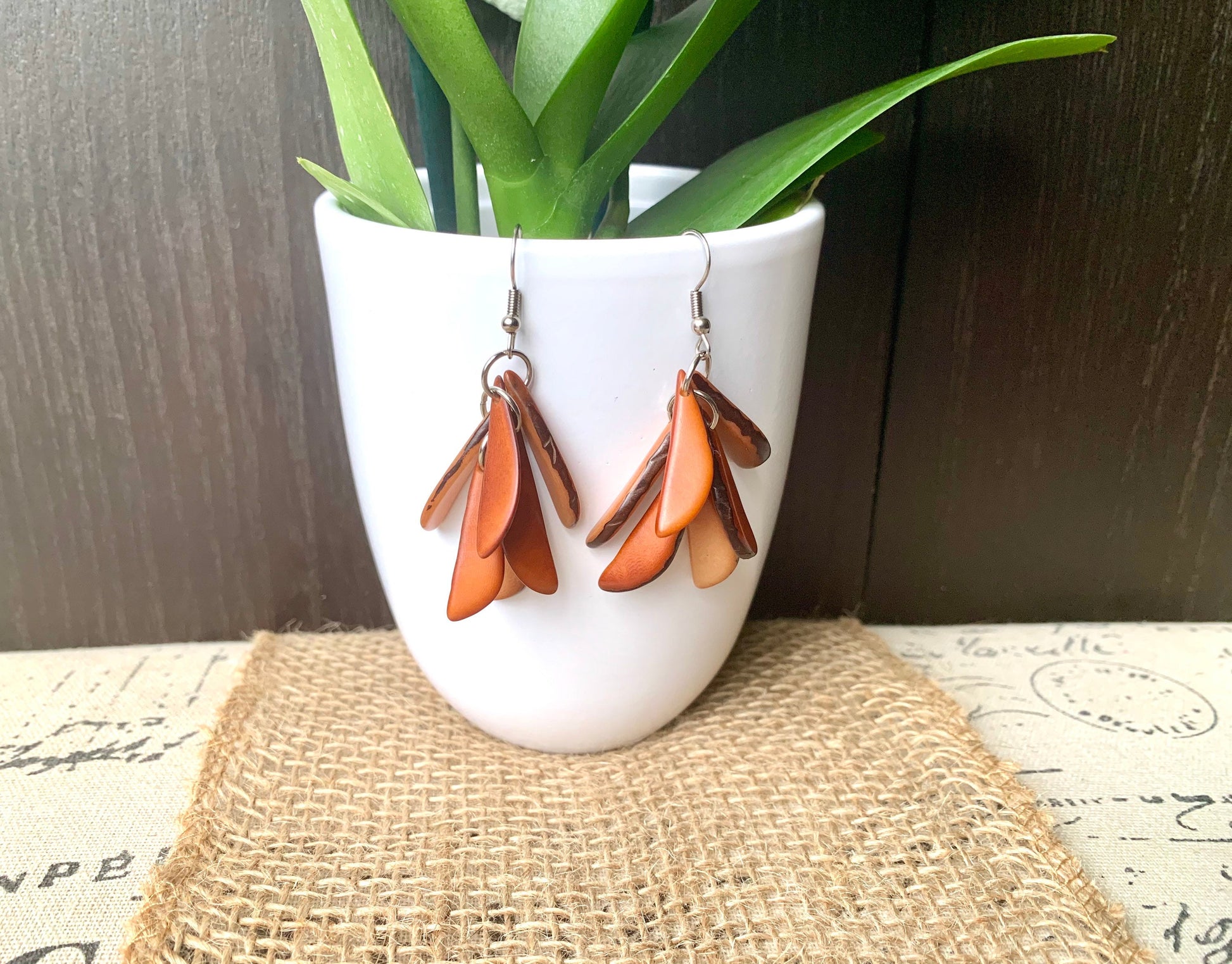 Brown statement dangle earrings Extra chunky tagua earrings Fall fashion jewelry Casual trendy drops Boho mod style Wearable art