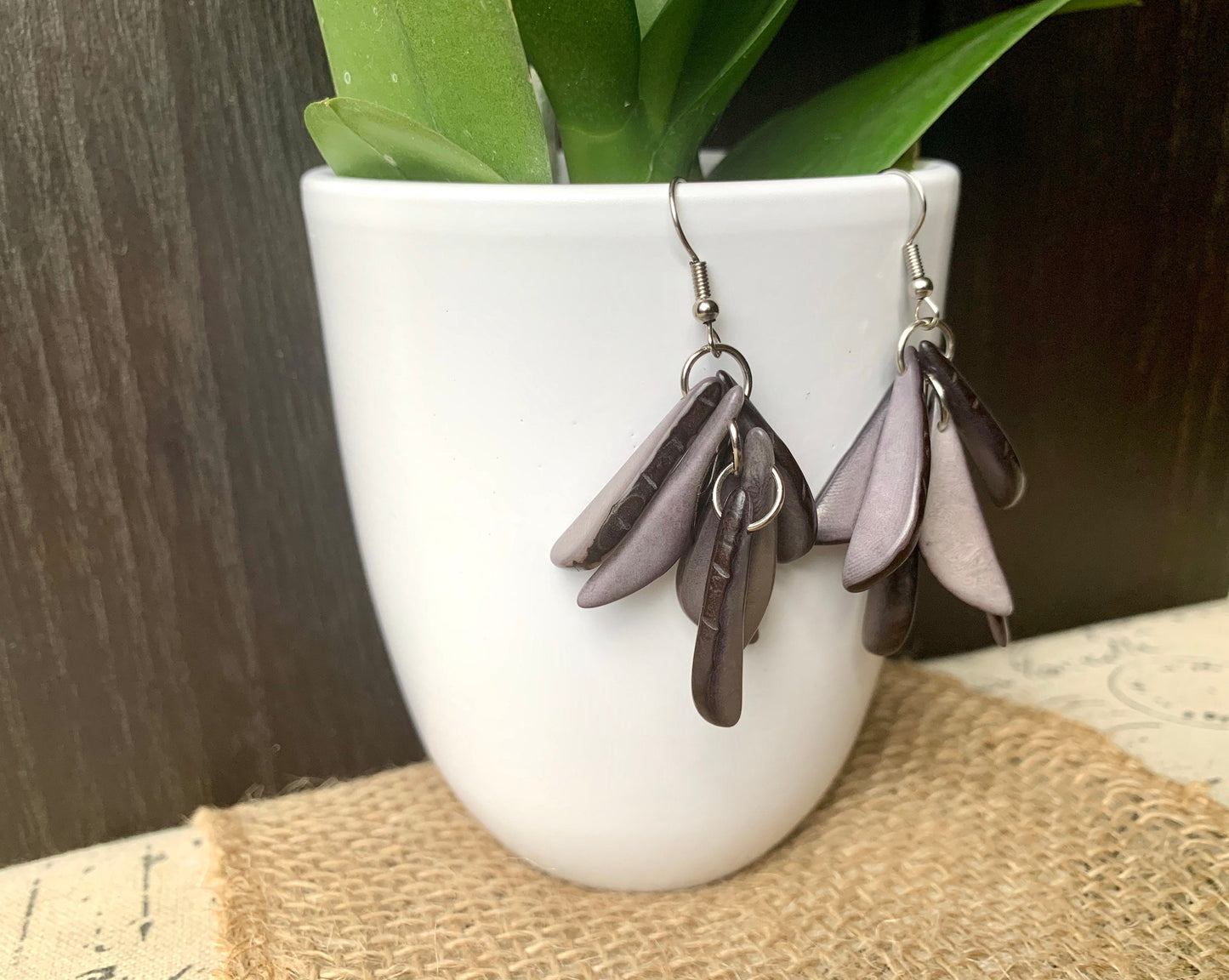 Gray bold dangle earrings Extra chunky tagua earrings Casual trendy drops Mother’s Day gifts Hupoallergenic lightweight earrings Beach trend