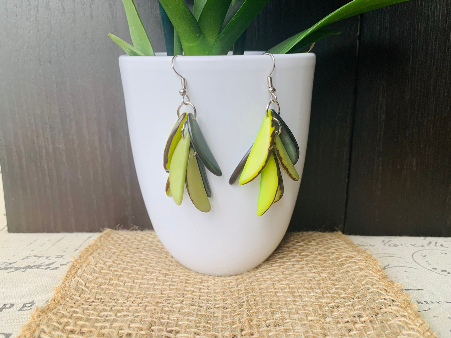 Green statement drop earrings Big chunky earrings Tagua nut earrings Fashion jewelry Casual trendy drops Wearable art Leaf earrings