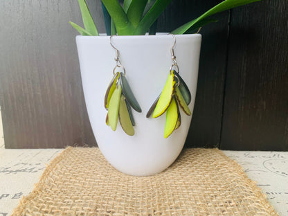 Green statement drop earrings Big chunky earrings Tagua nut earrings Fashion jewelry Casual trendy drops Wearable art Leaf earrings