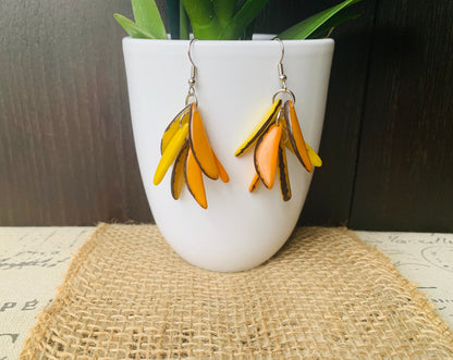 Yellow bold statement dangle earrings Extra chunky fashion tagua earrings Fall trendy jewelry Casual drops Boho mod style Artisan handmade