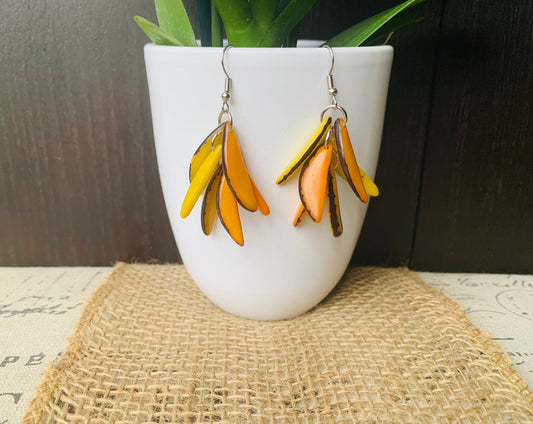 Yellow bold statement dangle earrings Extra chunky fashion tagua earrings Fall trendy jewelry Casual drops Boho mod style Artisan handmade