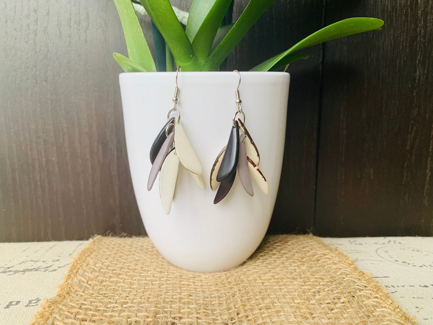 Black white and gray fashion earrings Extra chunky tagua earrings beaded Fall fashion trends Wearable art Dangle and drop earrings