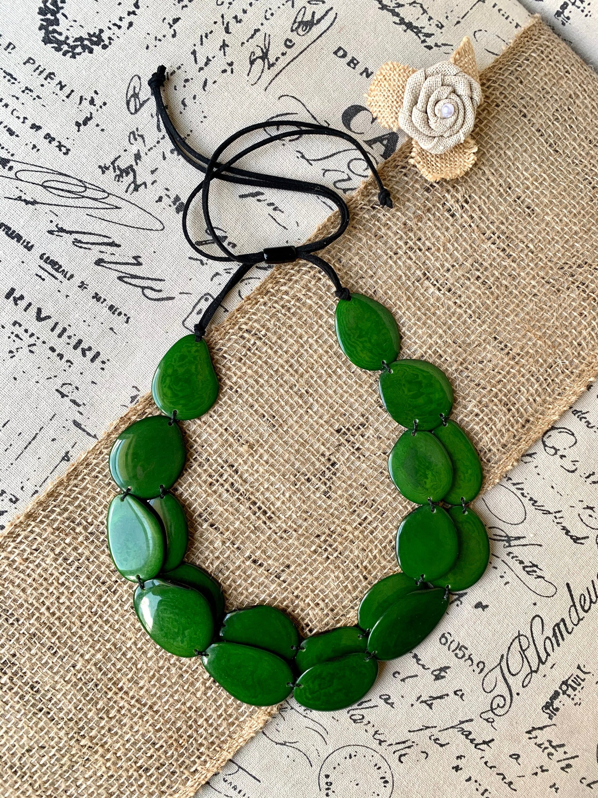 Green statement necklace Tagua nut jewelry Big bold necklaces Adjustable cord Wearable art Multi layer necklace Handmade Fall fashion