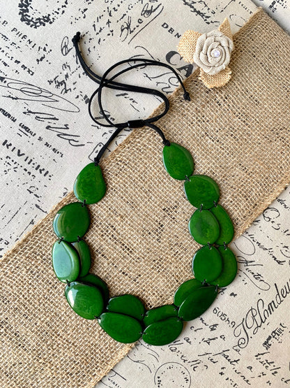 Green statement necklace Tagua nut jewelry Big bold necklaces Adjustable cord Wearable art Multi layer necklace Handmade Fall fashion